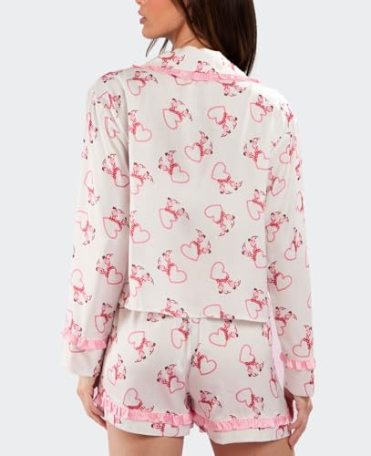 Image of Yiulangde Valentines Heart Bow Pajamas for Women Silk Satin Ruffle Shorts Pjs Tie Front Long Sleeve Shirts Pajamas with Bows