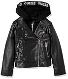 GUESS Girls' Faux Leather and Cotton Hooded Jacket, Jet Black, 10