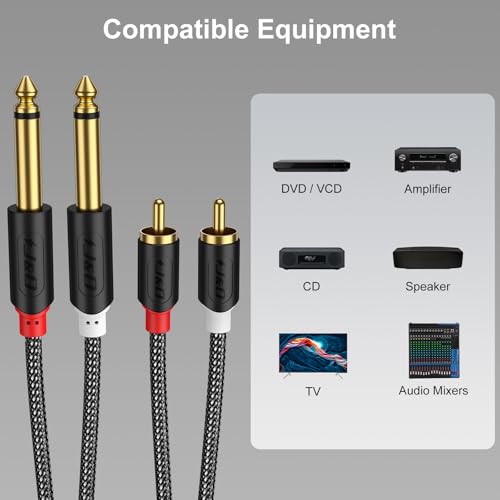 J&D Gold Plated Dual 1/4" TS to RCA Cable - Stereo Audio Interconnect with Nylon Braid for Mixer, Amplifier, 1.8 Meter