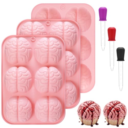 Rtteri 3 Pcs Silicone Brain Cake Mold with 3 Liquid Pipettes Droppers Halloween Brain Molds for Cupcake 3D Realistic Silicone for Mini Cakes Candy Chocolate Brownies Soap Baking Dessert Decor