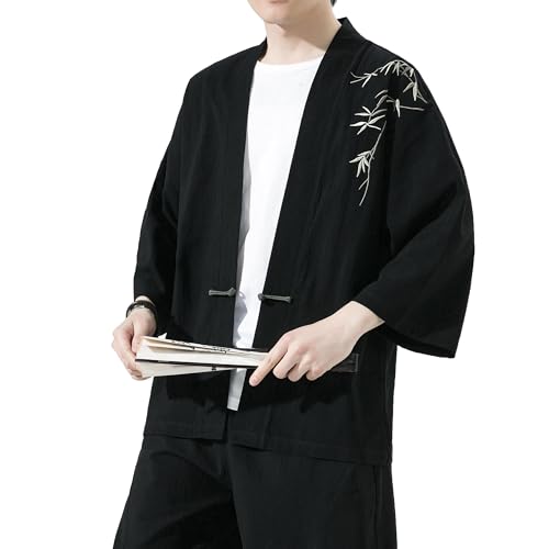 Image of Mens Kimono Cardigan Cotton Linen Japanese Shirt 3 /4 Sleeve Haori Yukata | Skin-Friendly Solid Color Lightweight Shawl Collar Kimono Robe Embroidery Button Tie Pockets Happi Coat All Season Daily Wear