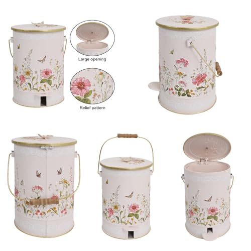 Image of Pink Floral Metal Step Trash Can with Lid, 8L Vintage Butterfly & Wildflower Decorative Waste Basket with Handles for Bathroom, Bedroom, Kitchen, 14.57 inch x 9.84 inch