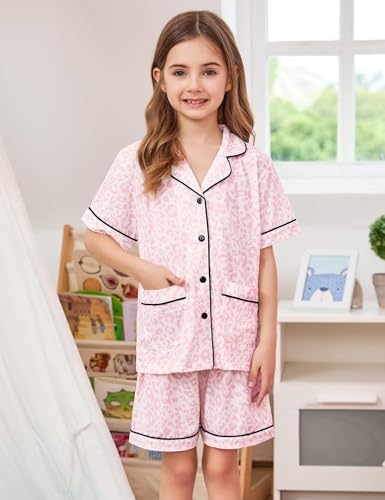 SWOMOG Girls Pajamas Set Kids Button-Down PJs 2 Pcs Soft Lounge Sets Summer Short Sleeve Sleepwear2