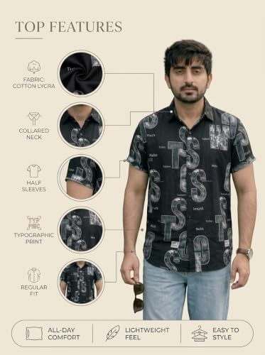 Image of LAMBOO Men Stylish Premium Branded Typography Print Festival Printed Cotton Stretchable Fabric Slim Fit Half Sleeve Cut Away Collar Casual Shirt