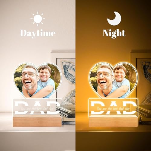 Image of SNAPTRAP Personalized Fathers Day LED Acrylic Photo Lamp with Customized Text | Heart Shape Dad Photo Frame Night Light Gift for Father Daddy Papa from Son Daughter Wife Family