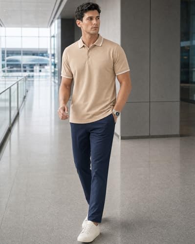 Image of NOBERO Men's Travel Polo T-Shirt | Premium Cotton Stretch Fabric | Anti-Odor & Water-Repellent | UPF 50+ Sun Protection | Regular Fit Polo Collar Casual Wear