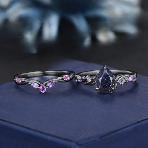 IVANKA 1.25ct Nature Inspired Pear Galaxy Blue Sandstone Amethyst Bridal Set Unique Twig Vine Teardrop Blue Goldstone Black Gold Wedding Ring Set Sandstone Wedding ring set Amethyst Band Engagement Ring set4