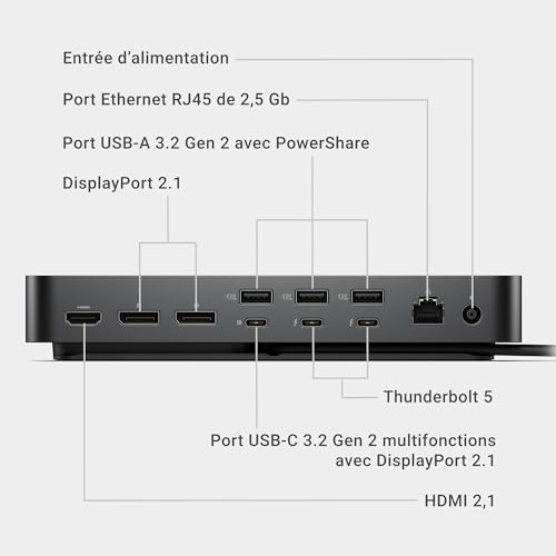 Dell Pro Thunderbolt 5 Station d’Accueil Intelligente SD25TB5 – Alimentation Jusqu’à 300W, supporte 4 écrans 4K 120Hz/8K, 6X USB, HDMI 2.1, DP 2.1, Ethernet 2.5Gb, Gestion IT à Distance