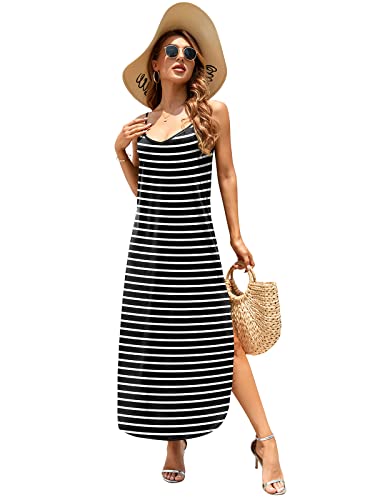 Image of HUSKARY Women's Summer Casual Sleeveless V Neck Strappy Split Loose Dress Beach Cover Up Long Cami Maxi Dresses with Pocket