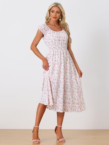 Image of Allegra K Women's Floral Dresses Square Neck Puff Short Sleeves Flare Midi Dress