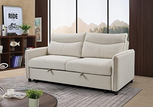 Erye 3-In-1 Loveseat Futon Sofa Convertible Queen Size Bed With Pull Out Sleeper Couch Bed & Reclining Backrest For Living Room Furniture Sets Sofabed, Beige #TOP2