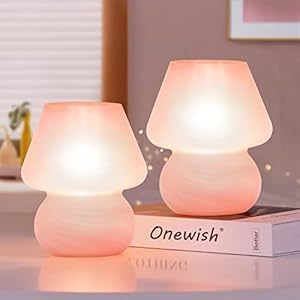 ONEWISH Mushroom Lamp Cute Table Lamp for Bedroom Nightstand Soft Light Pink, Small Glass Nightlight Stepless Dimmable Desk Lamp for Dining, Living, Nursery, Vanity, Home Decor Lamp for Girl