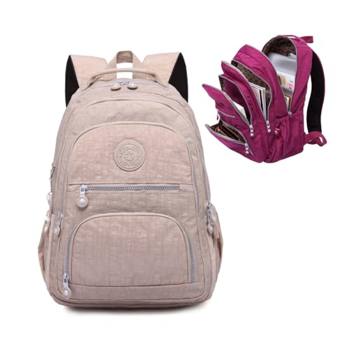 Waterproof Nylon Casual Large Capacity Backpack for Women Travel Back Packs Bag Female Multifunction Laptop Backpack (Khaki)