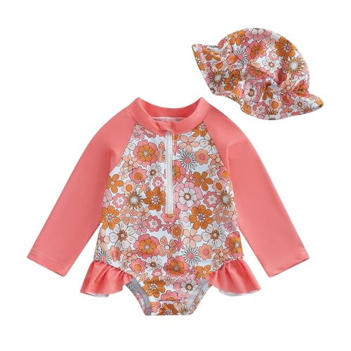 Children Comfortable Breathable Skin Friendly Long Sleeved Swimsuit Fashionable Printed Zipper (Orange, 12-18 Months)