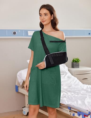 Image of Deyeek Women's Post Shoulder Surgery Hospital Gowns Tear Away Short Sleeve Full Open Side Snap Adaptive Clothing Nightgowns