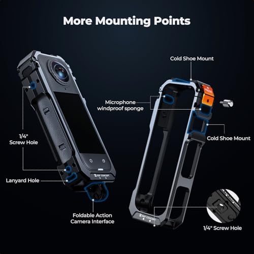 Image of K&F Concept Standard Camera Cage with Silicone Lens Cover for Insta360 X5 | Aluminum Alloy Protective Frame Case |1 /4 inch Screw Hole | 2 Cold Shoe Mounts for Microphone and LED Video Light CI01
