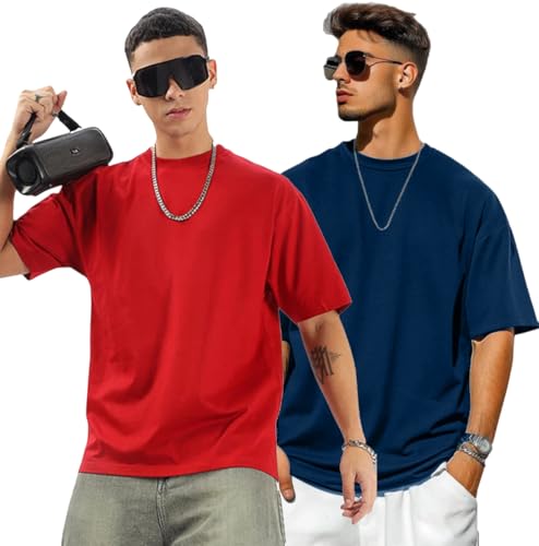 Image of Oversized Drop Shoulder Half Sleeves Round Neck Solid Pure 100% Cotton T-Shirt for Men Pack of 2
