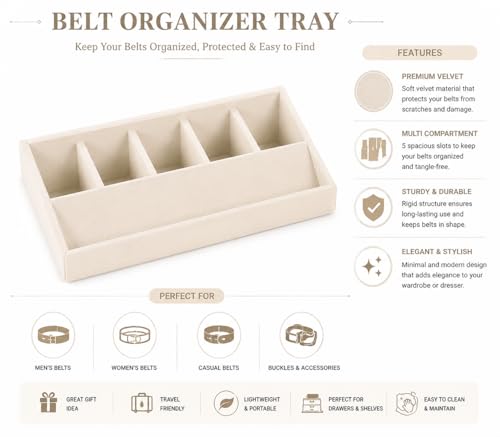 Image of La Trove 5 Slot Belt Organizer Display Tray for Men, Cream | Stackable tray keeps formal, casual and leather belts arranged neatly in wardrobe, closet, drawer, dresser or dressing table