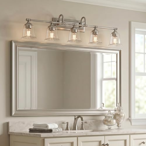 Image of Quoizel Nicholas 42 inch Vanity Light, Brushed Nickel, Clear Glass | 5-Light, Dimmable, Reversible Mounting, ETL Damp Rated