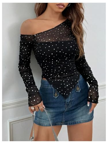 MakeMeChic Women's Sequin Sheer Top One Shoulder Ruched Long Sleeve Tee Shirt3