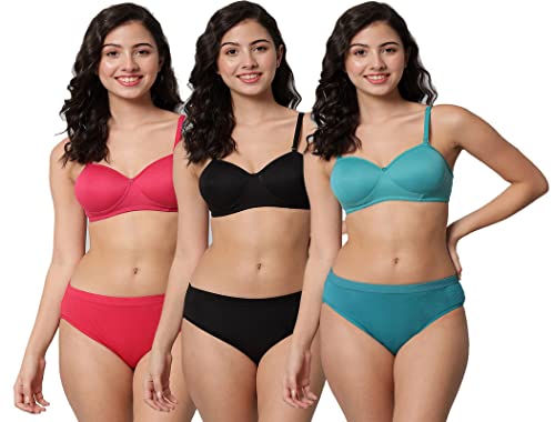 Image of Women's Cotton Lightly Padded Wire Free Bra Panty Lingerie Set Honeymoon Bikni Set for Girl's Combo Pack of 3