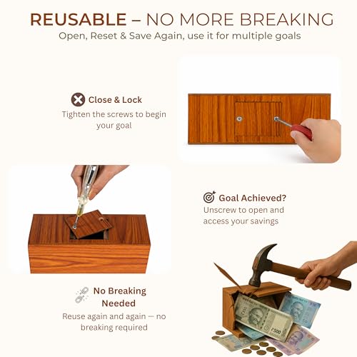 Image of Unbreakable Wooden Money Saving Box for Adults - 1 Lakh Capacity | Reusable Piggy Bank | Money Bank with Amount 100000 | One Lakh Gullak, Kidddy Bank for Kids, Men, Women, Girls, Boys | 1 Yr Warranty