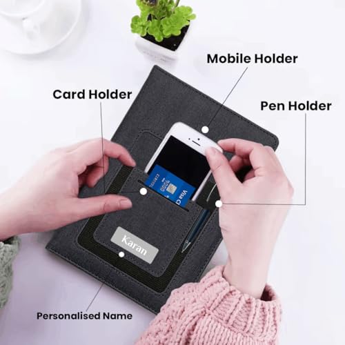 Image of Giftana Personalized Diary with Name, Customized Jute Pocket Notebook Diary For Office Use With Mobile & Card Holder Or Pen Loop Organiser Diaries, Personalised Diwali Corporate Gifts for Employee (Black)