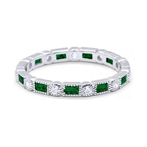 Blue Apple Co. 3mm Art Deco Full Eternity Wedding Band Baguette Simulated Emerald Round Cubic Zirconia 925 Sterling Silver, Size-6 Cover