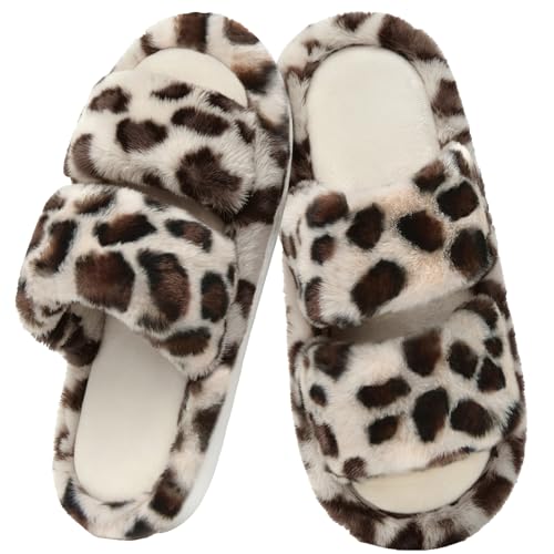 Image of Donpapa Slippers for Women Fluffy Ladies Cosy With Memory Foam Faux Fur House Shoes Anti-Slip Open Toe Plush Fleece Lined Indoor Outdoor White Leopard 5.5-7