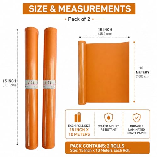 Image of VTL Orange Notebook Cover Roll for School & Office Books, Waterproof Laminated Book Protection Cover, 15 Inch x 10 Meters Each Roll, Pack of 2 inch