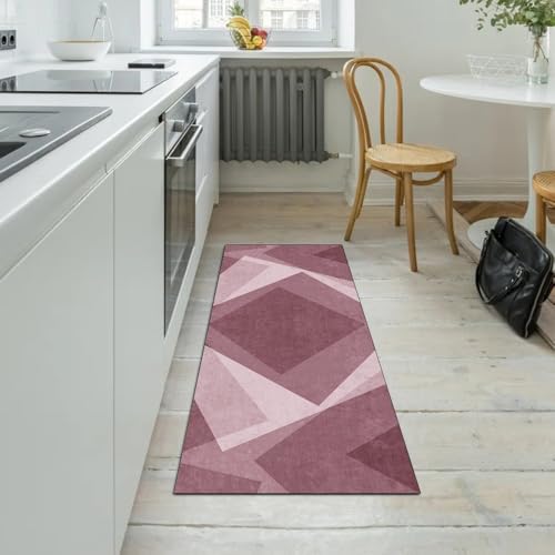 Alfombra de cocina lavable con base antideslizante estilo patchwork rosa 5