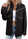 Dokotoo Denim Shirt Women Casual Chambray Jean Western Shirts Country Concert Outfits V Neck Long Sleeve Button Down Shirts for Women Rhinestone Top Loose Fit Denim Tops Lightweight Shacket Black S