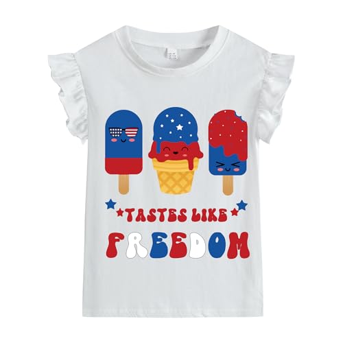Image of Little Hand Girls 4th of July Shirt Toddler American Flag Shirts USA Flag Tee Kids Patriotic Ruffle Sleeve T-Shirt 2-7 Years