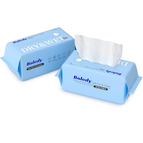 160 Count Boledy Soft Facial Towel, Large Thick Cotton Facial Tissue, Lint Free Face Cleansing Wipes, Ultra Absorbent Disposable Face Towel, Makeup Removing Wipes for Sensitive Skin, Dry Wipe (Pack of 2)