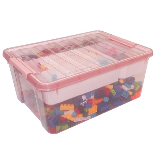 Image of Large Plastic Storage Box with Removable Tray Caddy Clear Art Supply Organizer Playroom Container Organizer Plastic Storage Bin with Lid for Bead Crayon Tool Sewing Supplies (Pink)