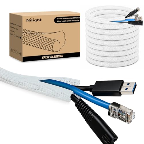 Image of Nilight Cable Sleeve, 25ft-1 /2inch Cord Management Sleeves White Wire Loom
