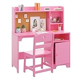 Thaookte Kinderschreibtisch Mit Stuhl Set, Multifunktionaler Kinderlerntisch Mit Regal & Schublade & Pinnwand, Schreibtisch Kinder Mit Ergonomischer Hocker Für Schüler, Kinder Ab 3 Jahren, Rosa
