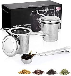 UNIDEAL Zaparzacz do herbaty klasy premium, 2 sztuki, z pokrywką, podwójnym uchwytem i miarką do herbaty, sitko ze stali nierdzewnej do herbaty sypanej, do większości filiżanek