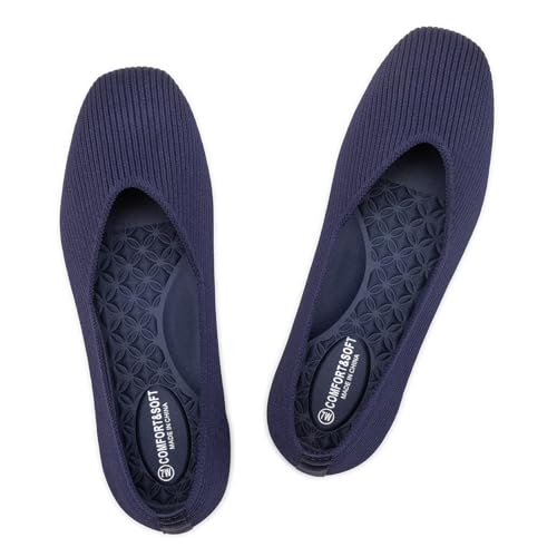 Frank Mully Womens Wide Flat Shoes Square Toe Shoes Knitted Work Flats Comfortable Women Shoes Comfortable Women Shoes