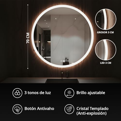 Miniatura 2 de Marctani Espejo Baño Redondo Con Luz Led Regulable En 3 Colores - Espejo De Pared Antivaho Con Ajuste De Brillo Con Memoria E Interruptor Táctil - Espejos Inteligente Retroiluminado 70 X 70 Cm