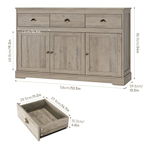 Keyluv Buffet Cabinet Storage Kitchen Cabinet Sideboard Farmhouse Buffet Server Bar Wine Cabinet With 3 Drawers & 3 Doors Adjustable Shelves Console Table For Dining Living Room Cupboard, Grey Wash #TOP2