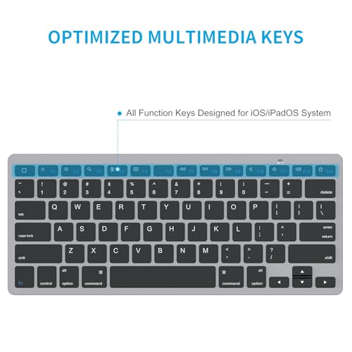 Image of OMOTON Ultra-Slim Bluetooth Keyboard for iPad 11th /10th /9th /8th /7th, iPad Pro /Air /Mini and iPhone Series, Wireless iOS Keyboard with 12 Multimedia Keys for Office, Home, Travel, School, Black Grey