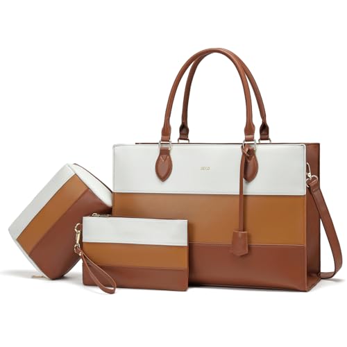 Keyli 3pcs Sets Laptop Bag for Women,15.6 Work Tote Bags Waterproof Leather Business Computer Briefcase with Clutch Purses Casual Shoulder Handbag Messenger Bag for Travel Office Brown - image 1
