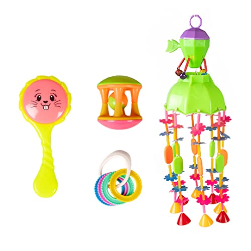Ratna’s Baby Gift Set 4 in 1 – Merry-Go-Round Rattle, Teether, Mirror Rattle, and Grasping Beads Rattle for Newborns – Safe and Non-Toxic Plastic – Ideal for Gifting Purpose