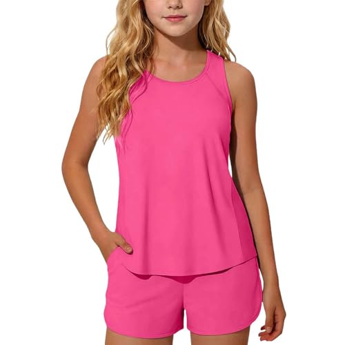 Girls Swimming Costume 7-8 Years Modest Padded Tankini Swimsuits UK, Kids Teens Tummy Control Two Piece Bathing Suits Swim Shorts with Sporty Pockets Beach Pool Surfing Hot Pink