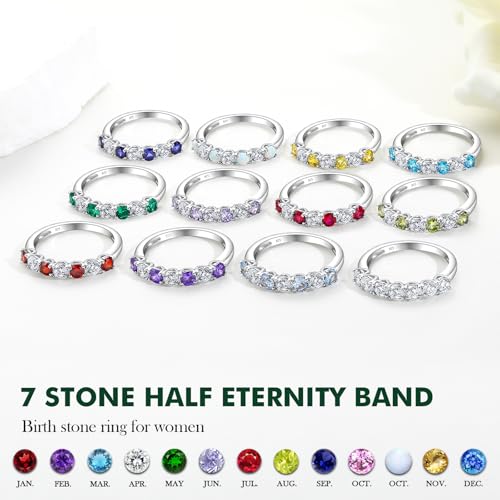 925 Sterling Silver Birthstone Rings for Women Created Gemstone Half Eternity Band 7 Stone Cubic Zirconia Wedding Band Birthstone Jewelry Size 6-104
