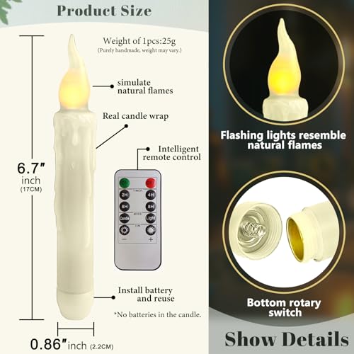 Image of Real Wax LED Flameless Short Taper Candles with Remote, 6.7 Inches White Candlesticks, Dripless Battery Operated Flame Rustic Primitive Flameless Lights Decor, Pack of 2