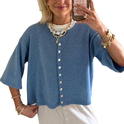 Women Y2k Cute Summer Knitted Cardigan Shirt Vacation Cover up Tops Short Sleeve Button Down Oversized Crop Tops
