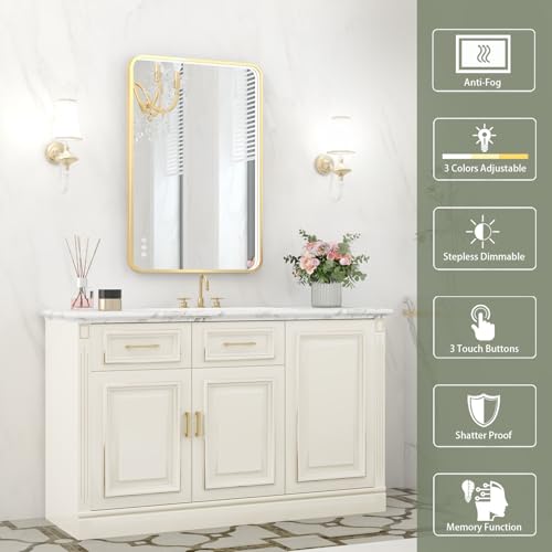 Twalsu LED Bathroom Mirror with Lights, 24x36 Inch Gold Metal Framed LED Mirror for Bathroom, 3 Colors and Stepless Dimmable Wall Mounted Lighted Bathroom Vanity Mirror, Anti-Fog, Memory by Twalsu - Image 2