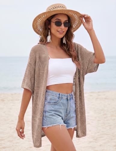 Image of GRACE KARIN Women Lightweight Summer Cardigan Crochet Knit Kimono Sweaters | Lightweight Crochet Knit Fabric, Short-sleeve Open-front Oversized Kimono, Ideal Casual Outerwear for Summer Daily Wear